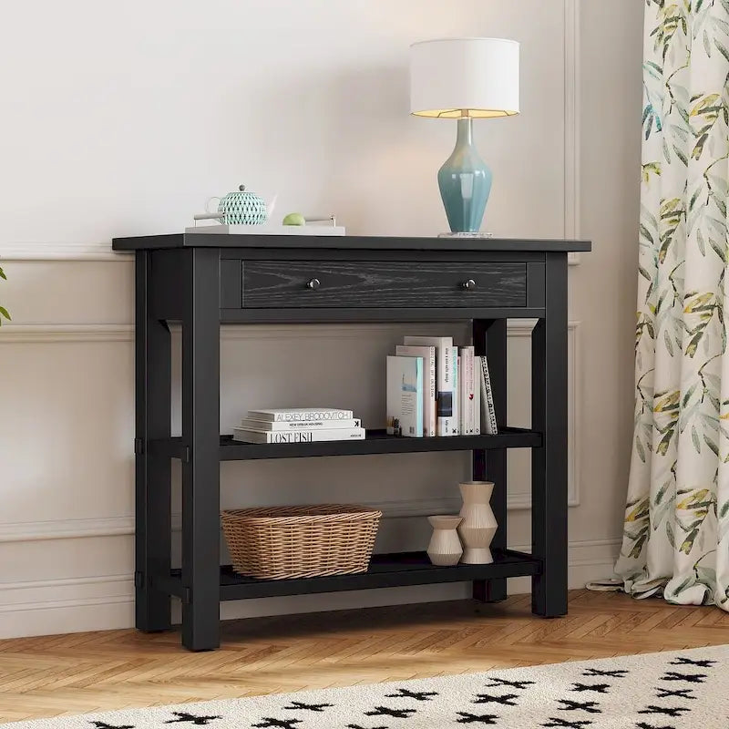 36" Farmhouse Console Table with 1 Drawer and 2 Open Shelves, MDF and Rubberwood