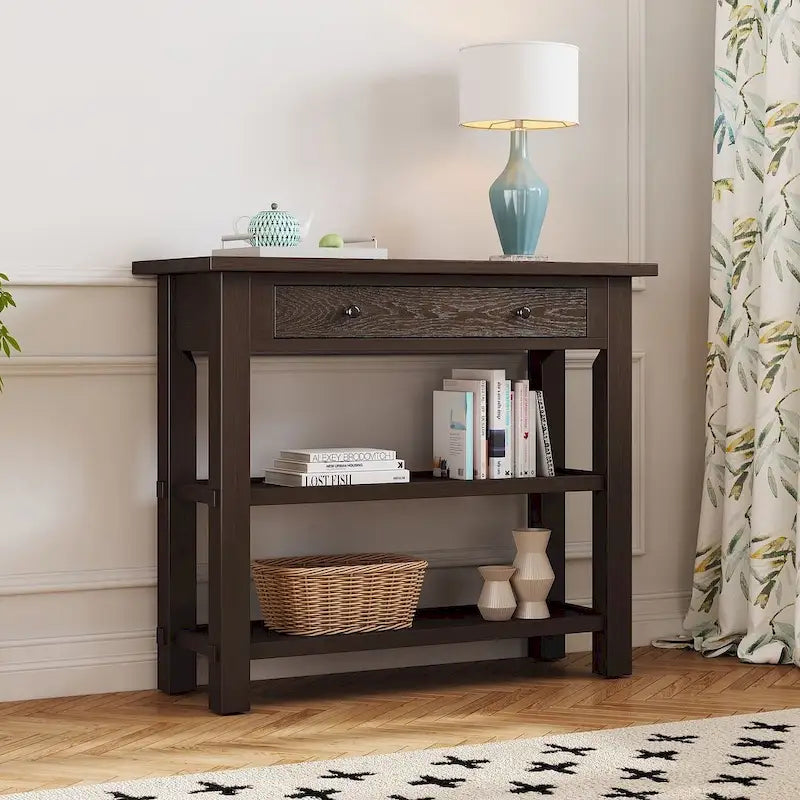36" Farmhouse Console Table with 1 Drawer and 2 Open Shelves, MDF and Rubberwood