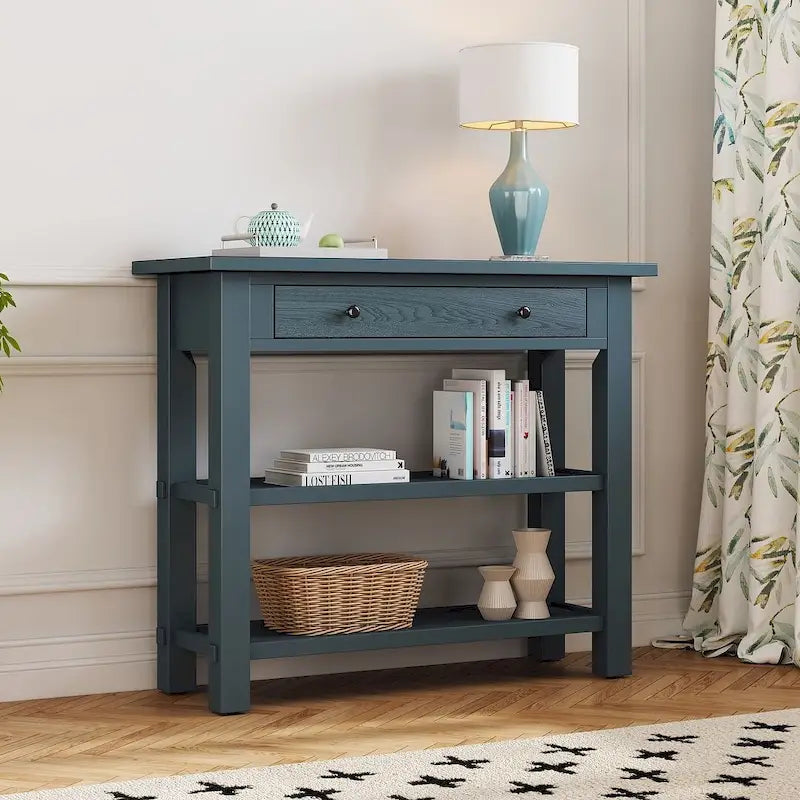 36" Farmhouse Console Table with 1 Drawer and 2 Open Shelves, MDF and Rubberwood