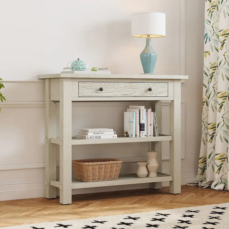 36" Farmhouse Console Table with 1 Drawer and 2 Open Shelves, MDF and Rubberwood