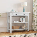 36" Farmhouse Console Table with 1 Drawer and 2 Open Shelves, MDF and Rubberwood