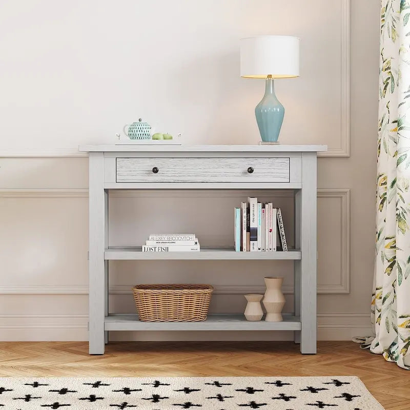 36" Farmhouse Console Table with 1 Drawer and 2 Open Shelves, MDF and Rubberwood