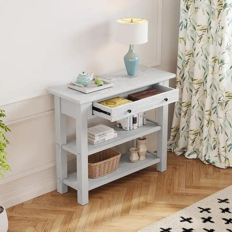 36" Farmhouse Console Table with 1 Drawer and 2 Open Shelves, MDF and Rubberwood