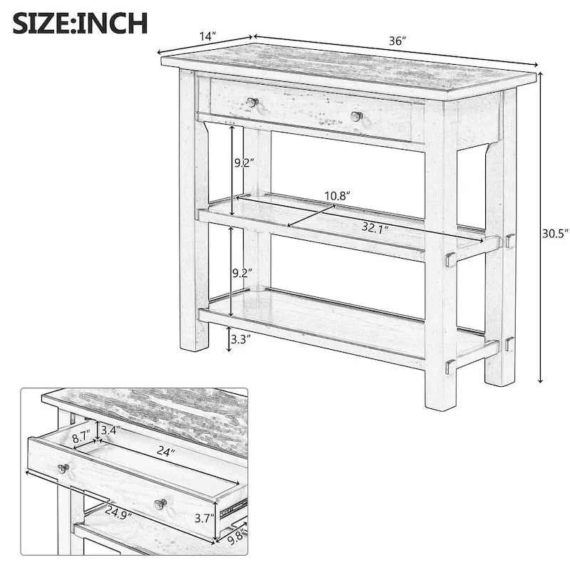 36" Farmhouse Console Table with 1 Drawer and 2 Open Shelves, MDF and Rubberwood