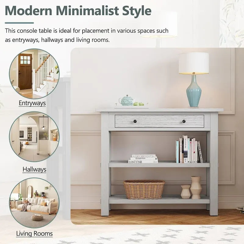 36" Farmhouse Console Table with 1 Drawer and 2 Open Shelves, MDF and Rubberwood