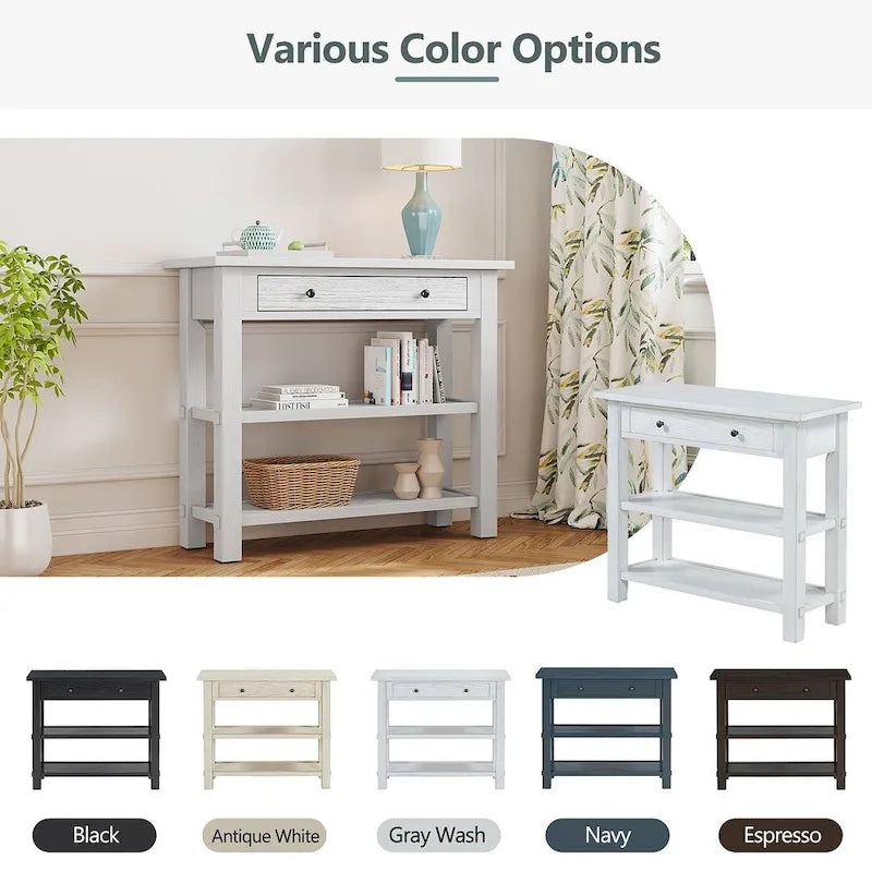 36" Farmhouse Console Table with 1 Drawer and 2 Open Shelves, MDF and Rubberwood