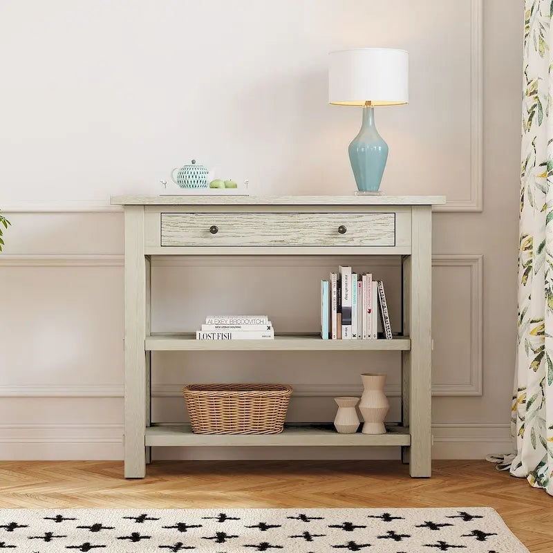 36" Farmhouse Console Table with 1 Drawer and 2 Open Shelves, MDF and Rubberwood