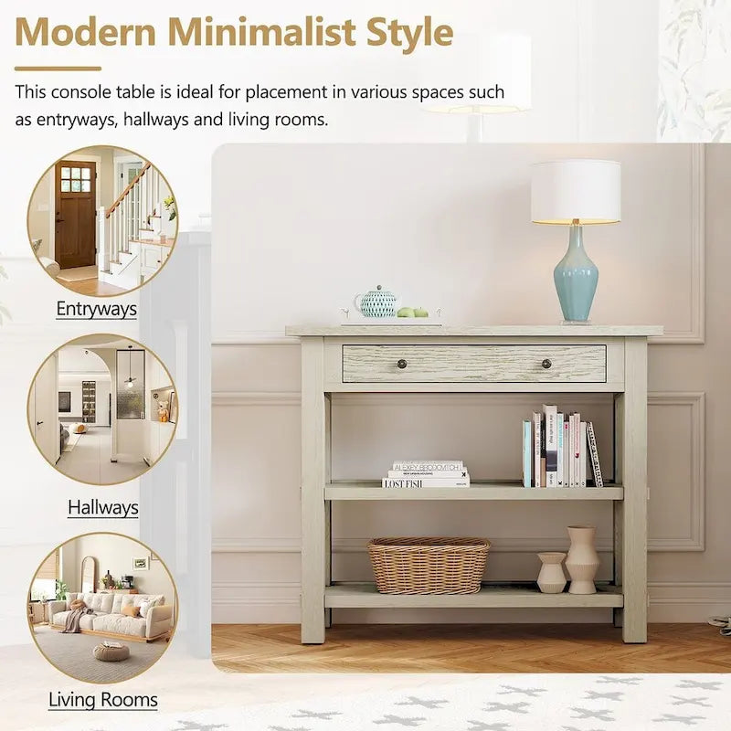 36" Farmhouse Console Table with 1 Drawer and 2 Open Shelves, MDF and Rubberwood