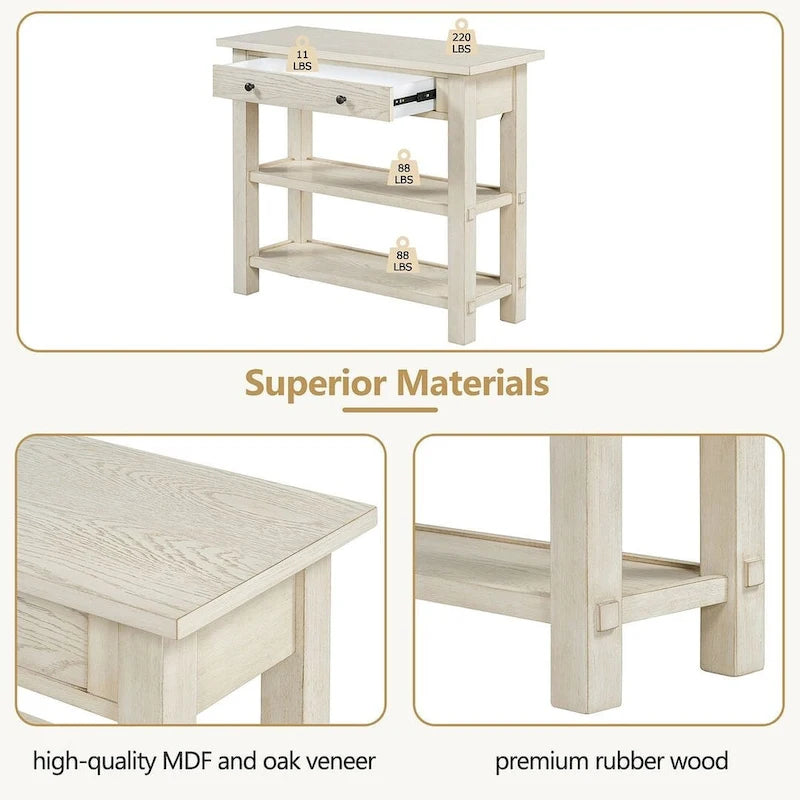 36" Farmhouse Console Table with 1 Drawer and 2 Open Shelves, MDF and Rubberwood