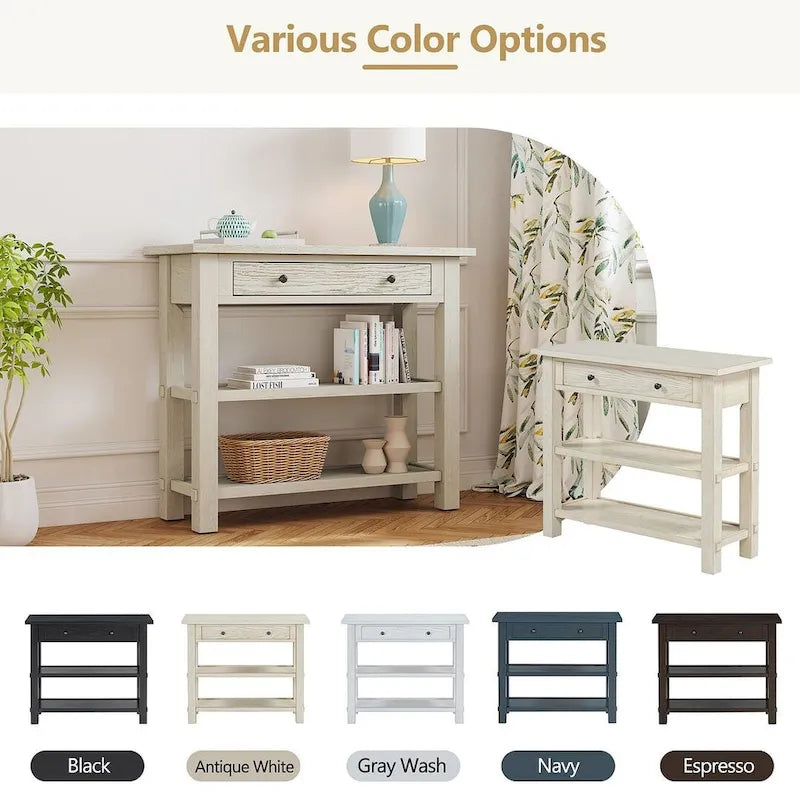 36" Farmhouse Console Table with 1 Drawer and 2 Open Shelves, MDF and Rubberwood