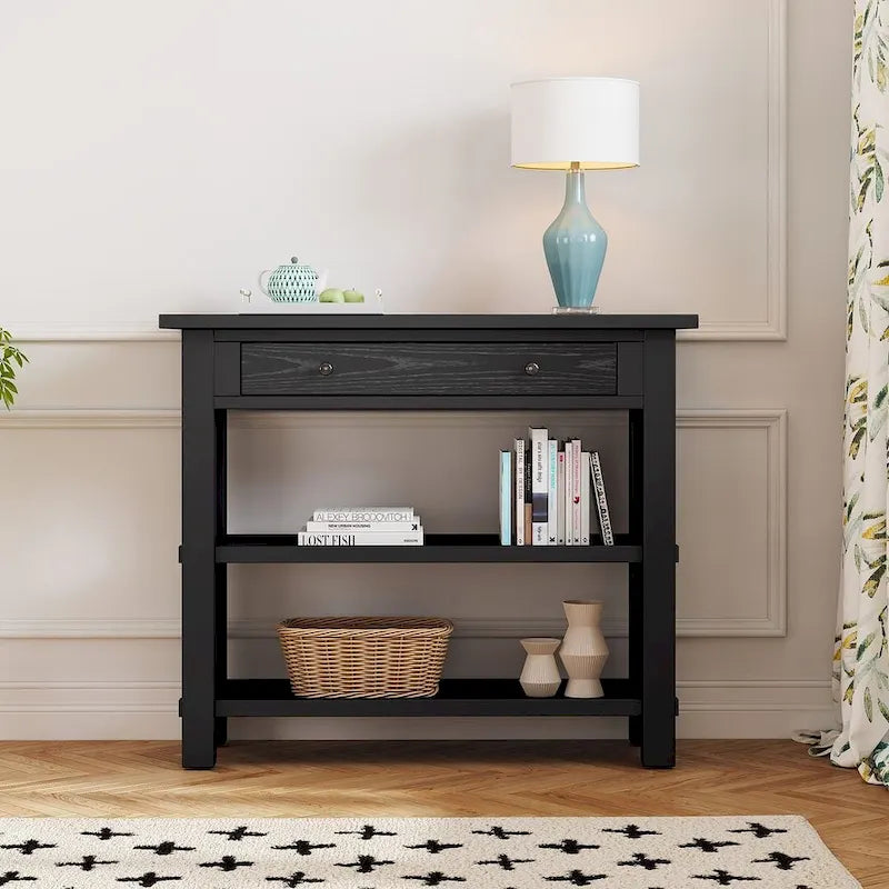 36" Farmhouse Console Table with 1 Drawer and 2 Open Shelves, MDF and Rubberwood