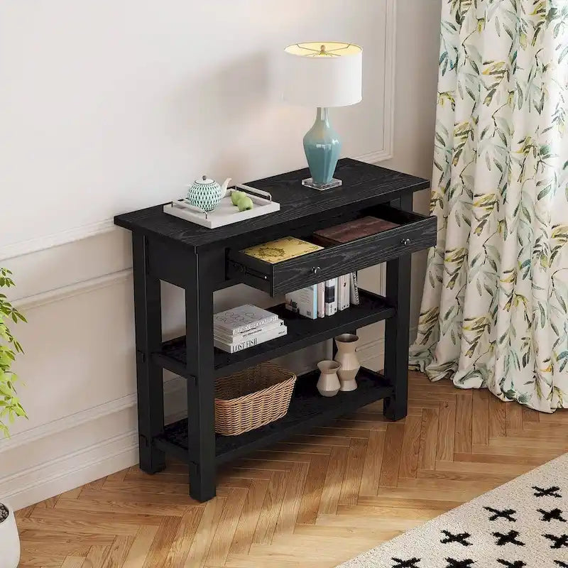 36" Farmhouse Console Table with 1 Drawer and 2 Open Shelves, MDF and Rubberwood