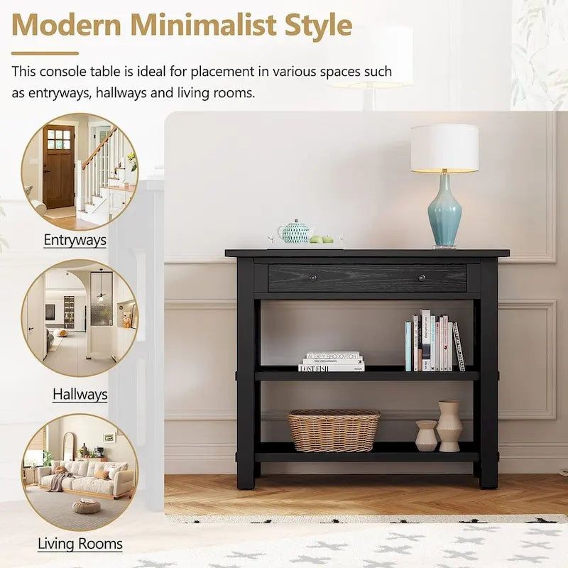 36" Farmhouse Console Table with 1 Drawer and 2 Open Shelves, MDF and Rubberwood