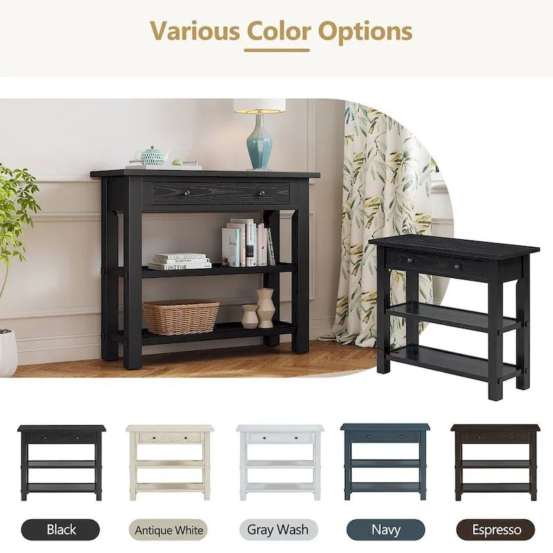 36" Farmhouse Console Table with 1 Drawer and 2 Open Shelves, MDF and Rubberwood