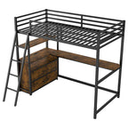 Twin Size Metal&Wood Loft Bed with Desk and Shelves, Two Built-in Drawers, LED Light and USB Charging Station