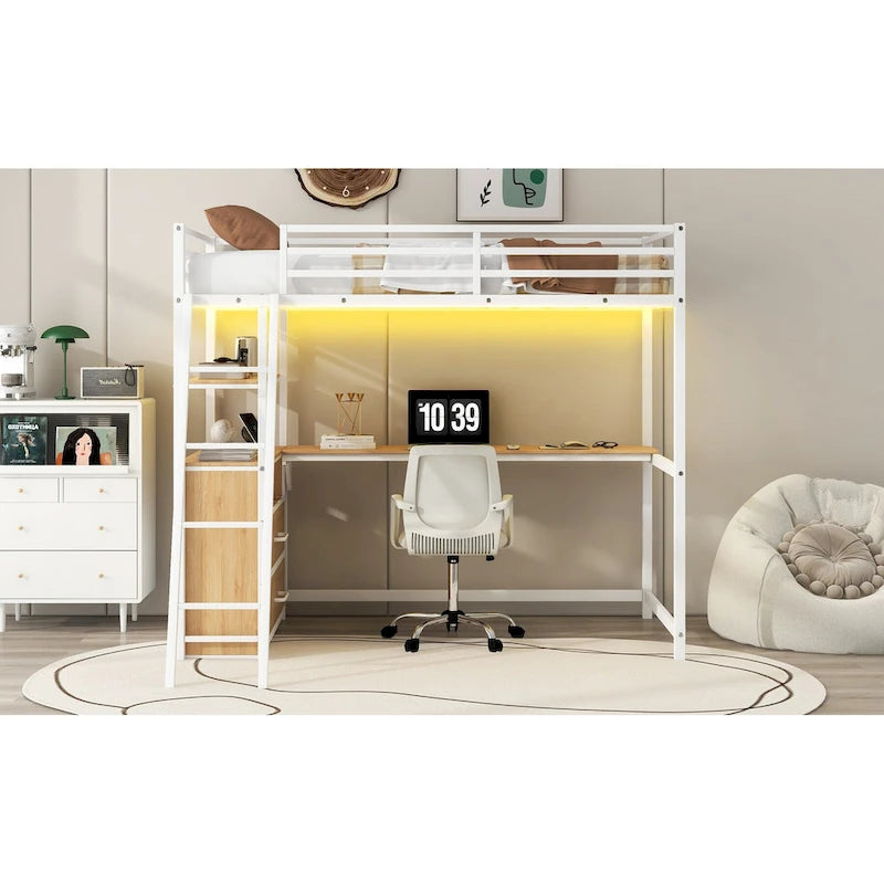 Twin Size Metal&Wood Loft Bed with Desk and Shelves, Two Built-in Drawers, LED Light and USB Charging Station