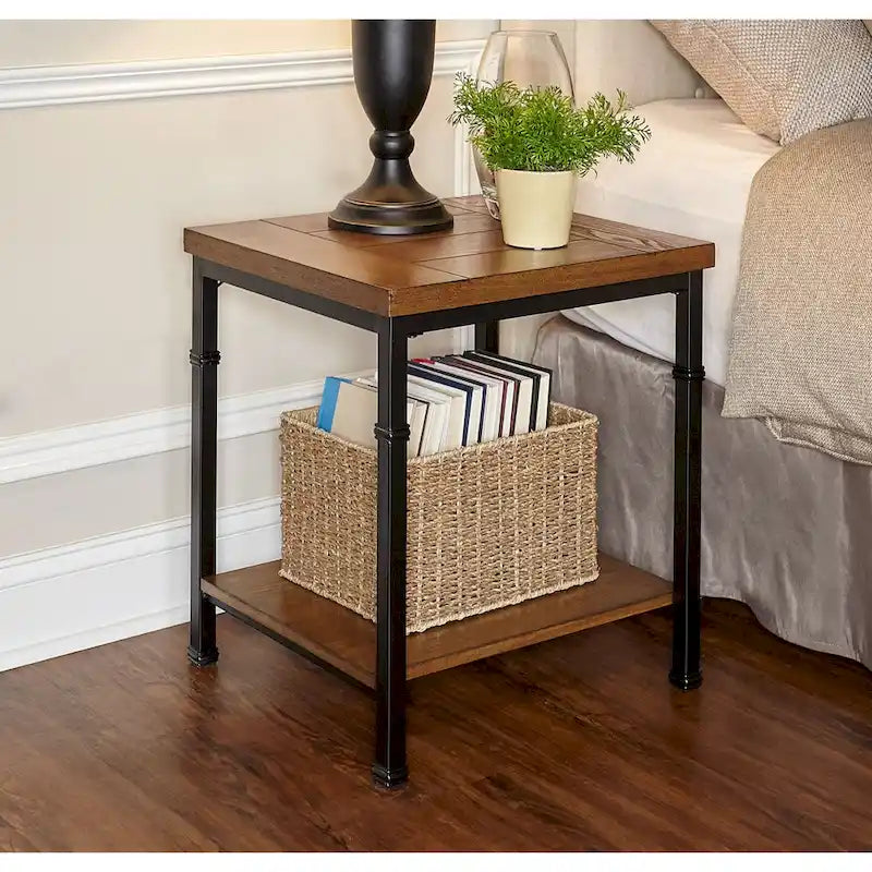 Industrial End Table with Bottom Shelf, Ash Veneer Top and Black Metal Frame, 22"H