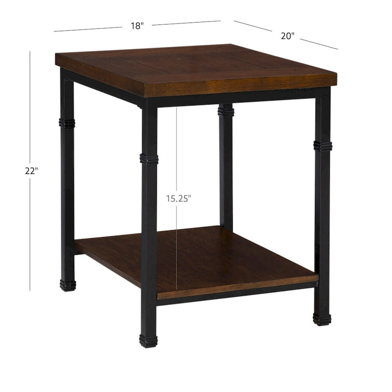 Industrial End Table with Bottom Shelf, Ash Veneer Top and Black Metal Frame, 22"H