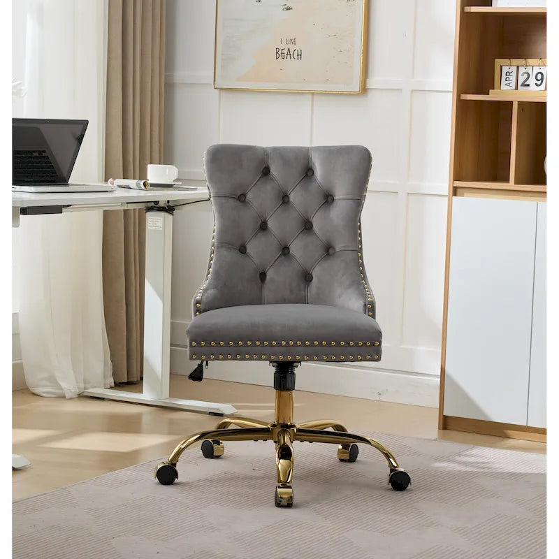 Velvet Tufted Swivel Office Chair with Gold Metal Base, Adjustable Height