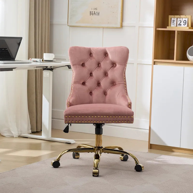 Velvet Tufted Swivel Office Chair with Gold Metal Base, Adjustable Height