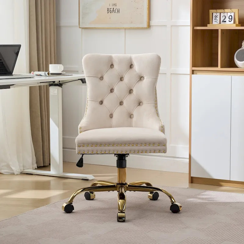 Velvet Tufted Swivel Office Chair with Gold Metal Base, Adjustable Height