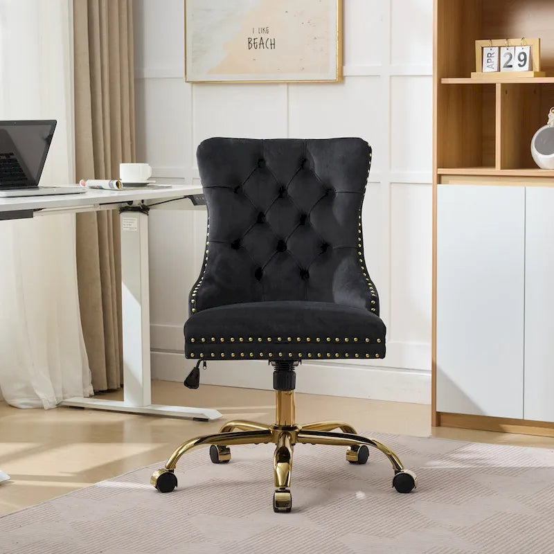 Velvet Tufted Swivel Office Chair with Gold Metal Base, Adjustable Height