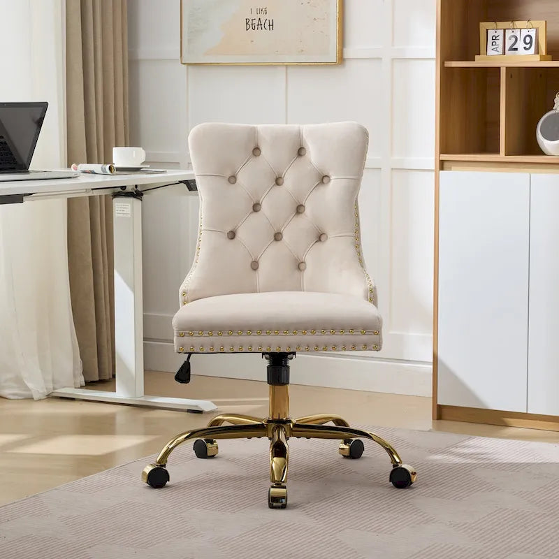 Velvet Tufted Swivel Office Chair with Gold Metal Base, Adjustable Height