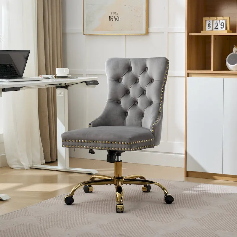 Velvet Tufted Swivel Office Chair with Gold Metal Base, Adjustable Height