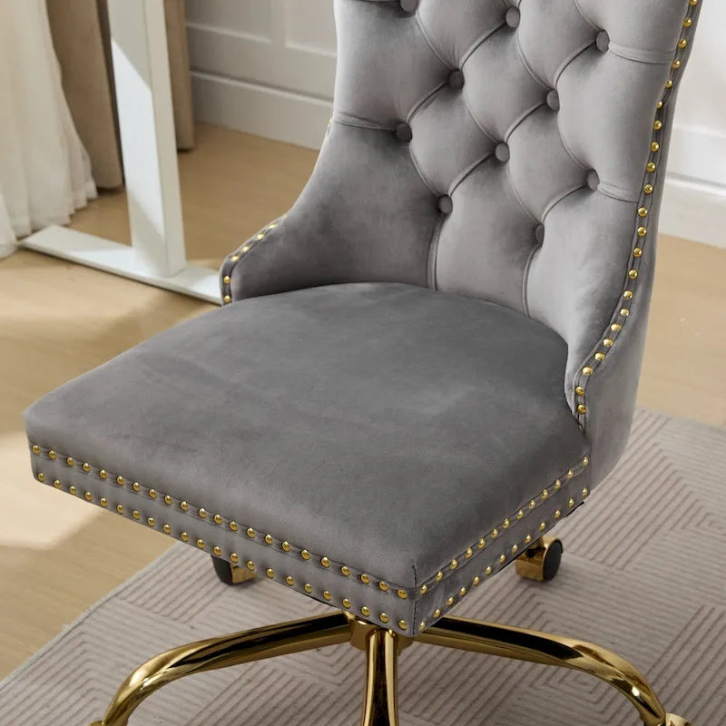 Velvet Tufted Swivel Office Chair with Gold Metal Base, Adjustable Height