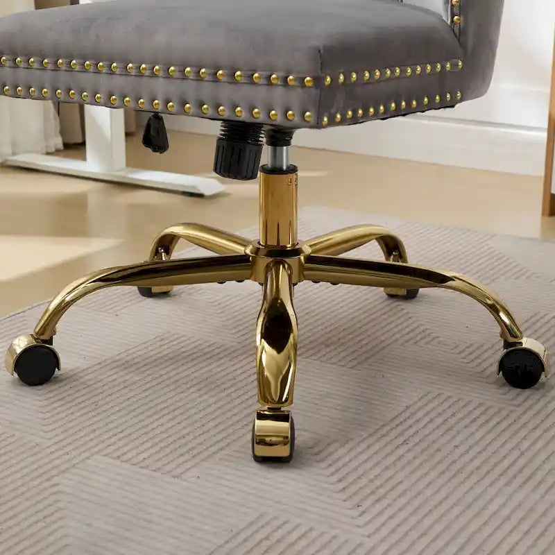 Velvet Tufted Swivel Office Chair with Gold Metal Base, Adjustable Height