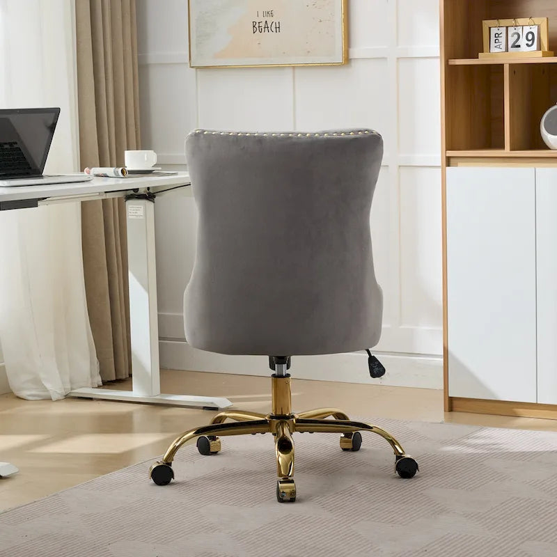 Velvet Tufted Swivel Office Chair with Gold Metal Base, Adjustable Height