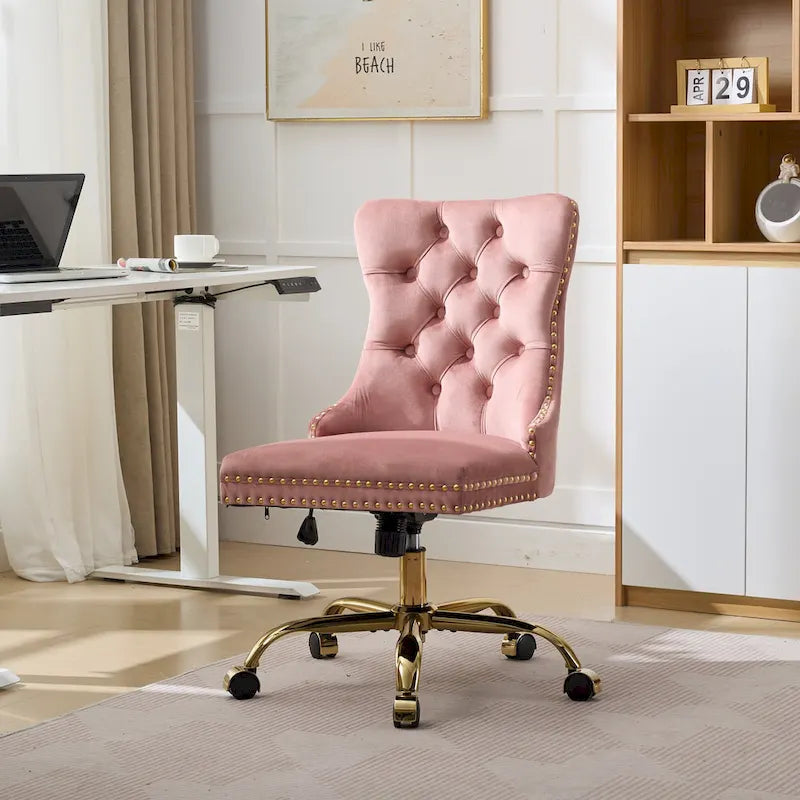 Velvet Tufted Swivel Office Chair with Gold Metal Base, Adjustable Height