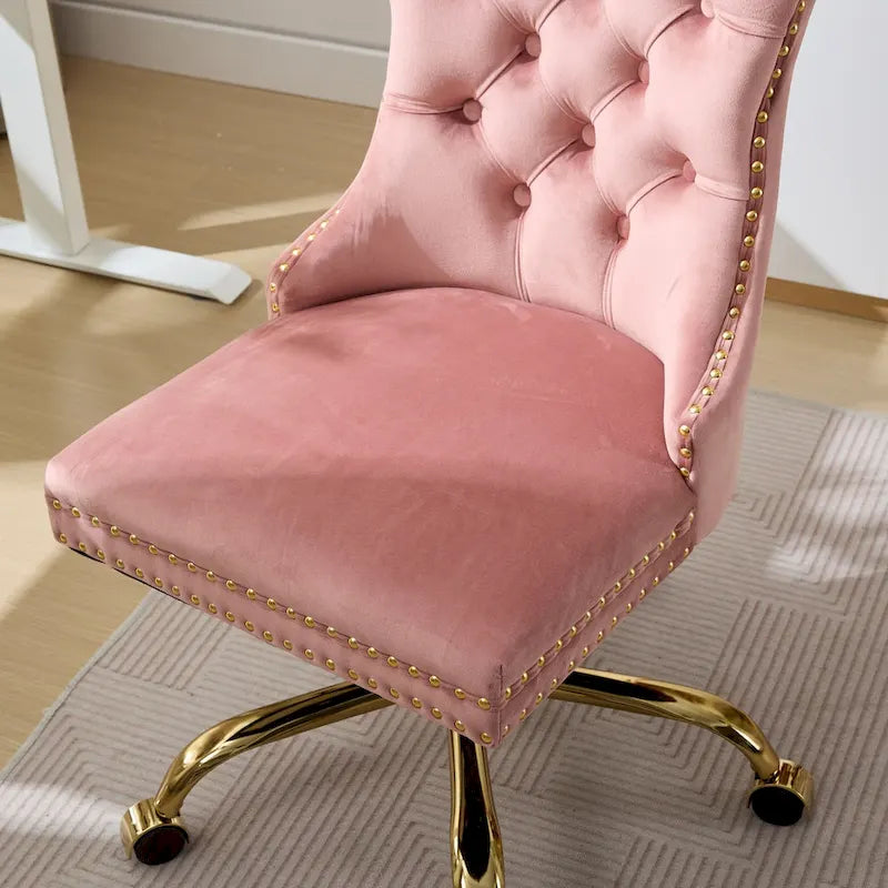 Velvet Tufted Swivel Office Chair with Gold Metal Base, Adjustable Height