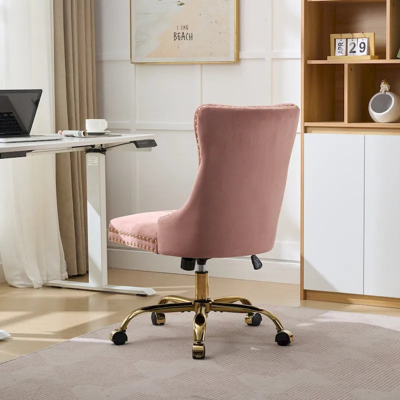 Velvet Tufted Swivel Office Chair with Gold Metal Base, Adjustable Height