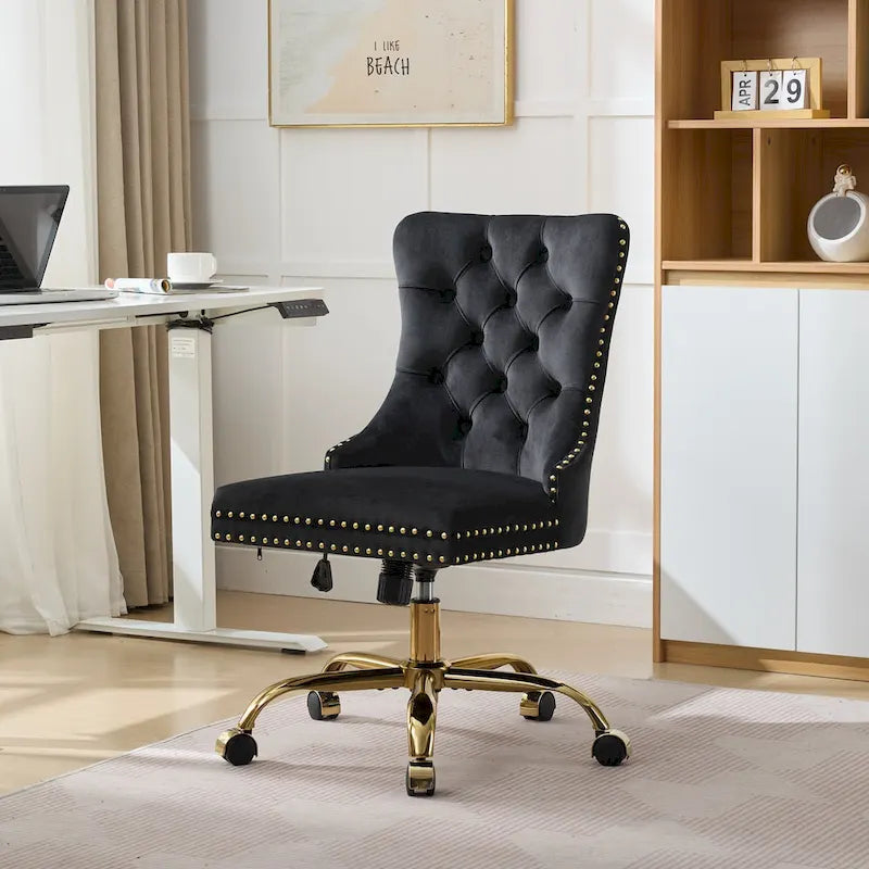 Velvet Tufted Swivel Office Chair with Gold Metal Base, Adjustable Height
