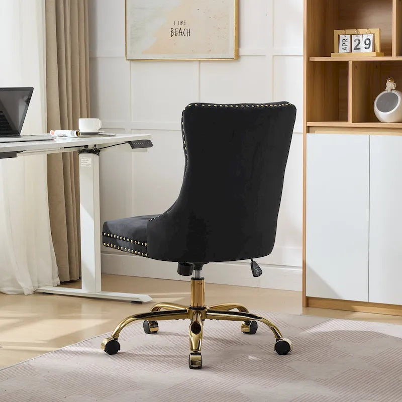 Velvet Tufted Swivel Office Chair with Gold Metal Base, Adjustable Height