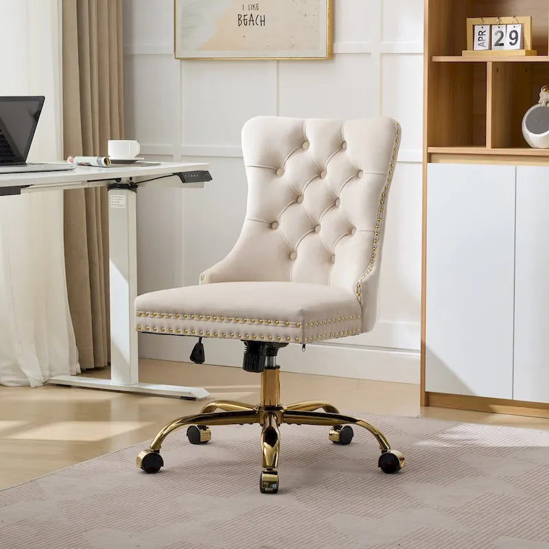Velvet Tufted Swivel Office Chair with Gold Metal Base, Adjustable Height