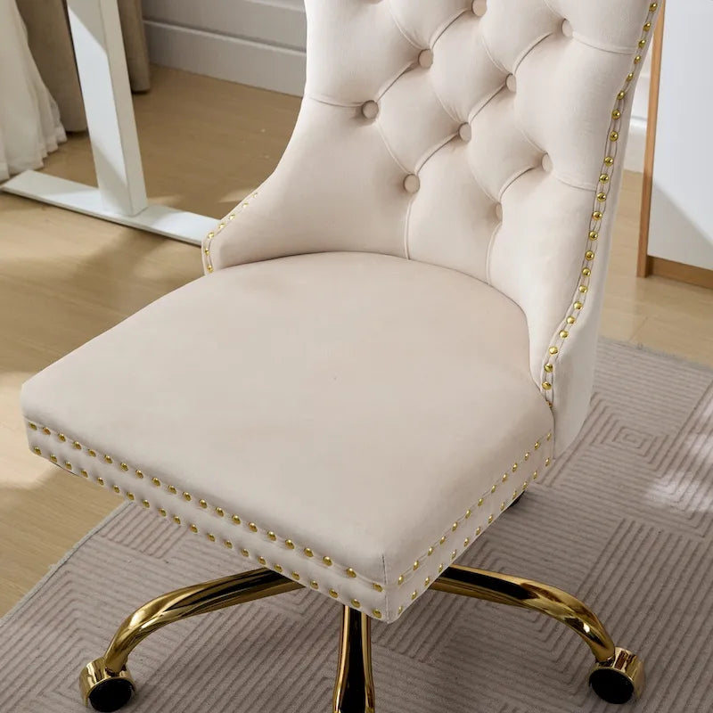 Velvet Tufted Swivel Office Chair with Gold Metal Base, Adjustable Height