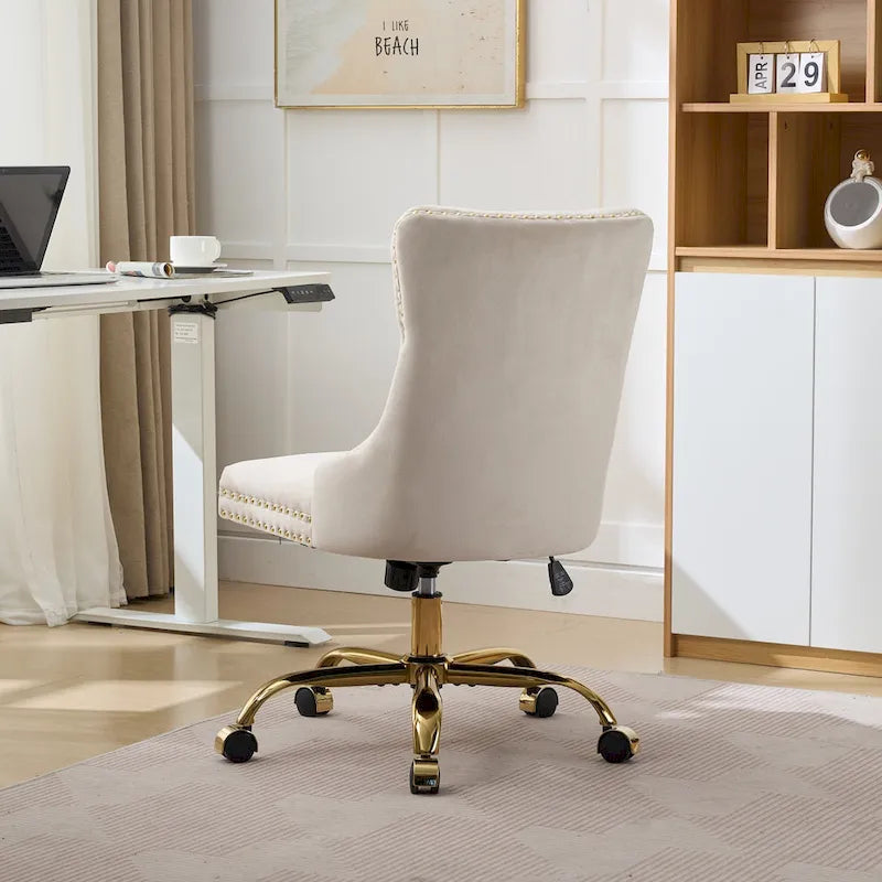 Velvet Tufted Swivel Office Chair with Gold Metal Base, Adjustable Height