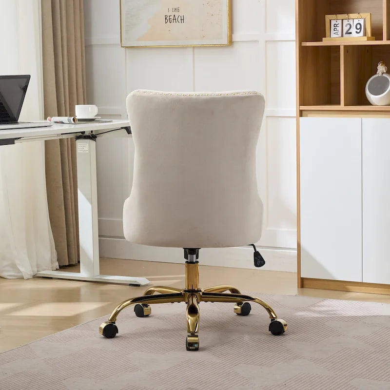 Velvet Tufted Swivel Office Chair with Gold Metal Base, Adjustable Height