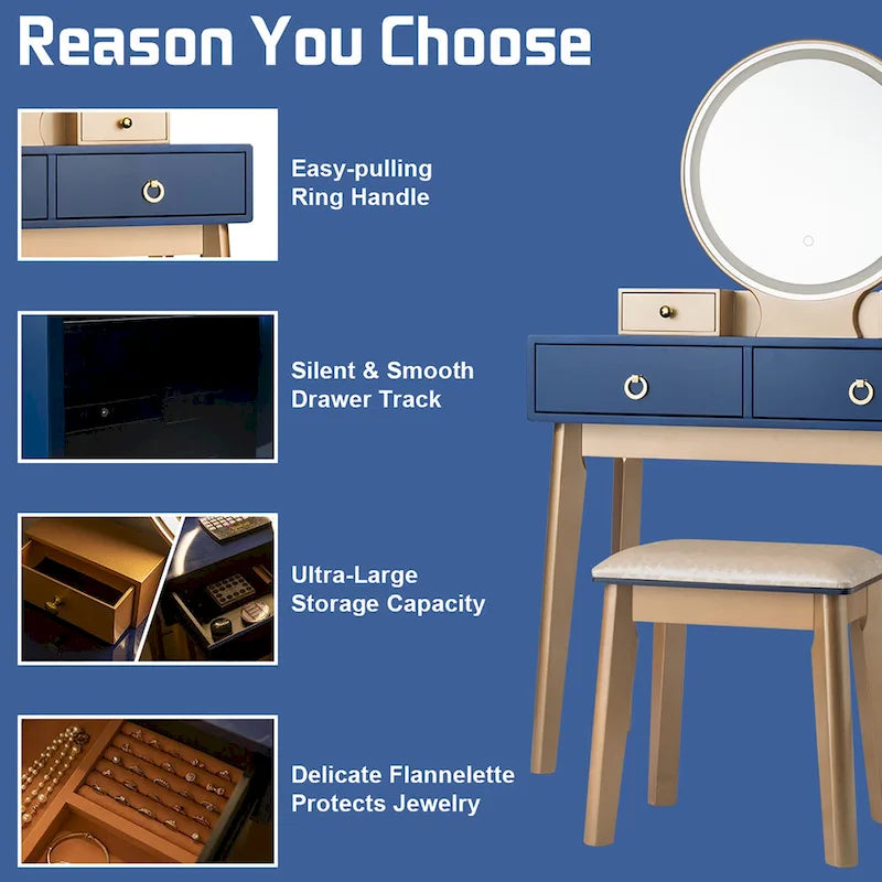 Vanity Makeup Table with Touch Screen Mirror and 3 Lighting Modes, 4 Drawers