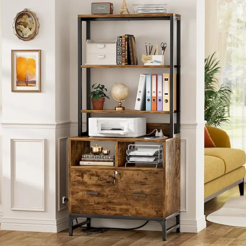 Vertical File Cabinet with Lock, Large Drawer and Built-In Charging Station