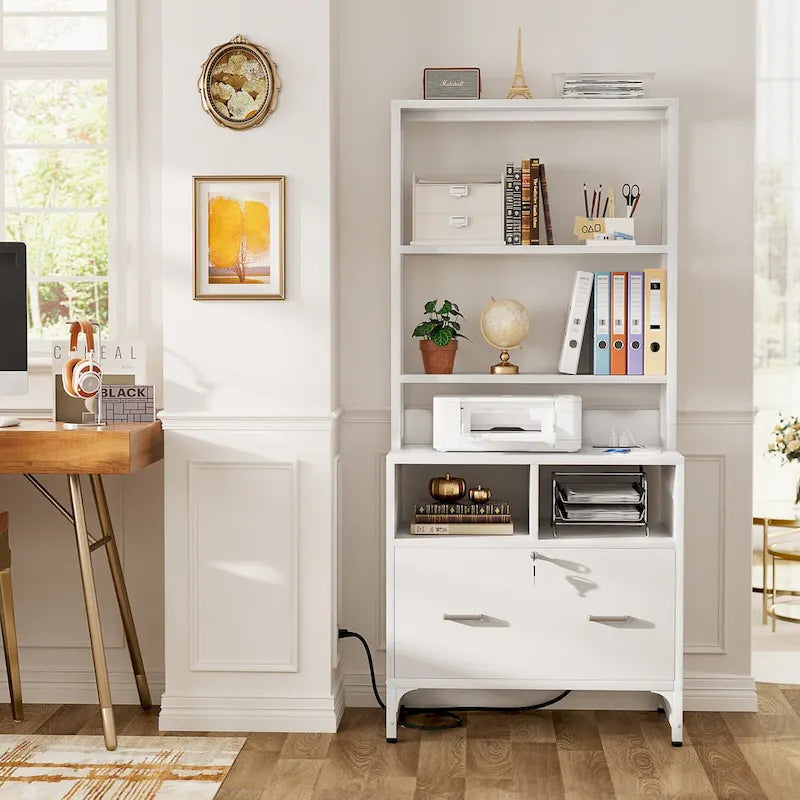 Vertical File Cabinet with Lock, Large Drawer and Built-In Charging Station