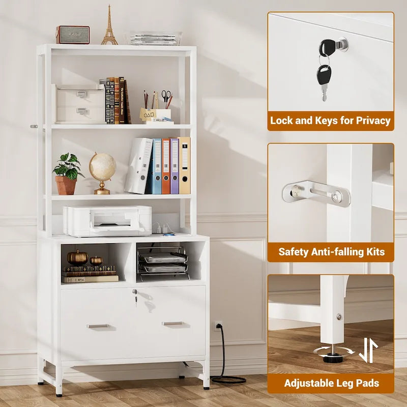 Vertical File Cabinet with Lock, Large Drawer and Built-In Charging Station