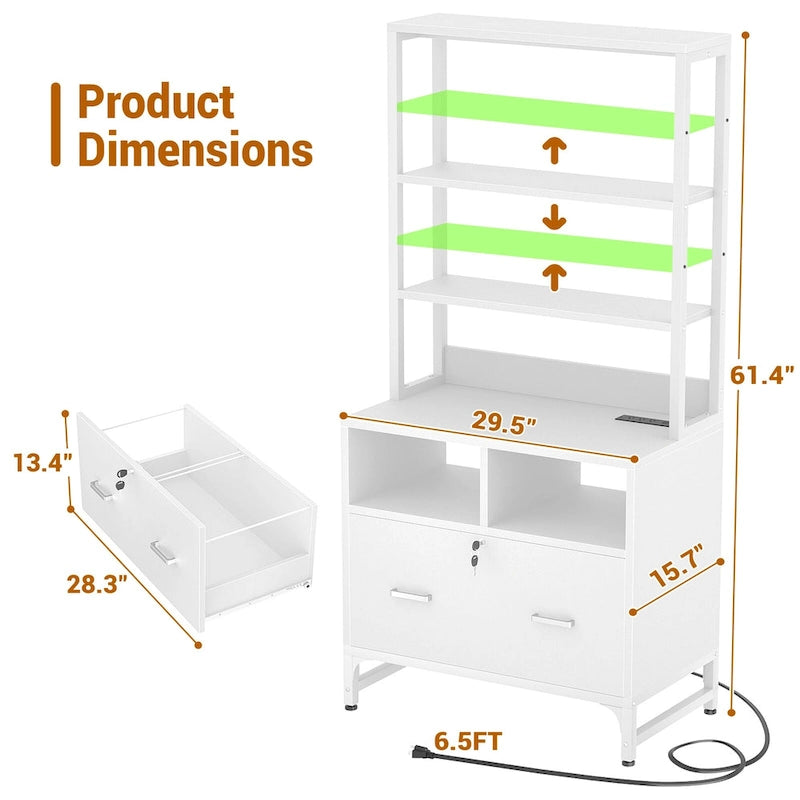 Vertical File Cabinet with Lock, Large Drawer and Built-In Charging Station