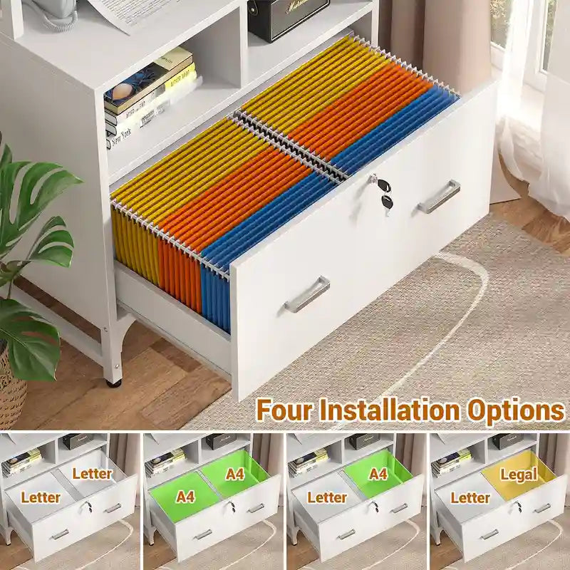 Vertical File Cabinet with Lock, Large Drawer and Built-In Charging Station
