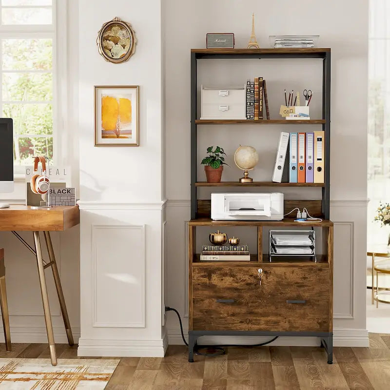 Vertical File Cabinet with Lock, Large Drawer and Built-In Charging Station