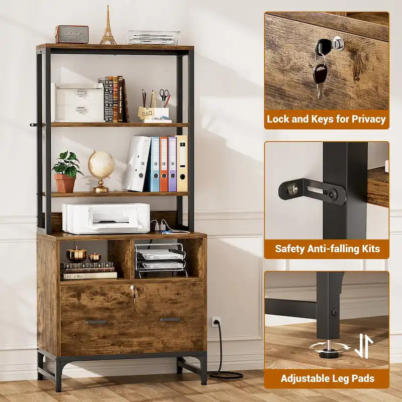 Vertical File Cabinet with Lock, Large Drawer and Built-In Charging Station