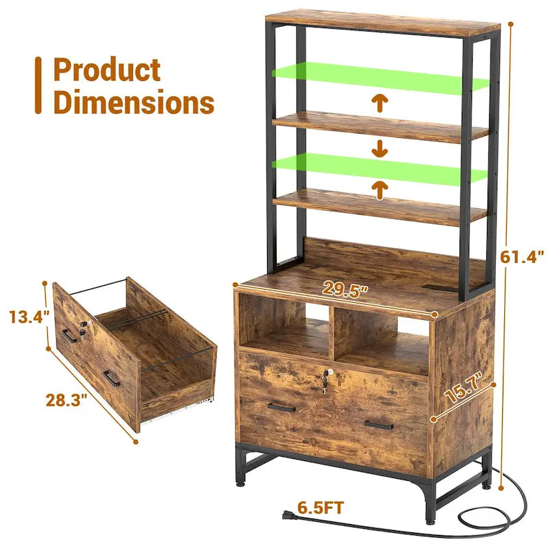 Vertical File Cabinet with Lock, Large Drawer and Built-In Charging Station