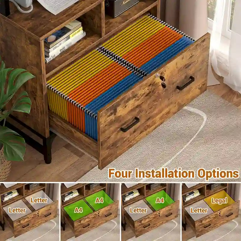 Vertical File Cabinet with Lock, Large Drawer and Built-In Charging Station